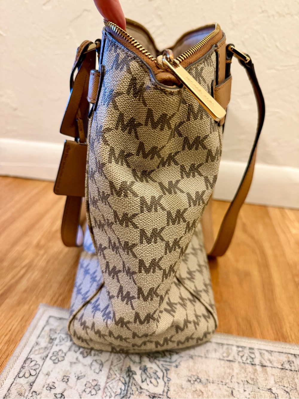Michael Kors Beige and Tan MK Monogram Tote - Picture 2 of 8